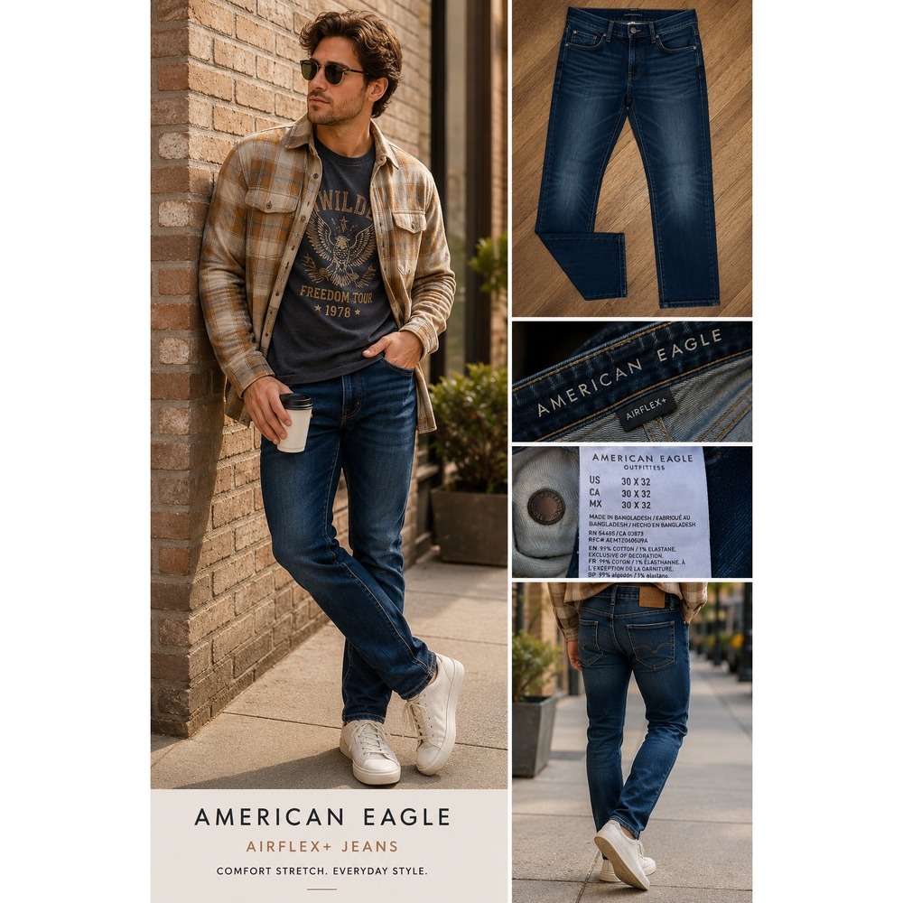 American Eagle AirFlex+ Mens Slim Straight Dark Wash Jeans 30x32 Blue Stretch